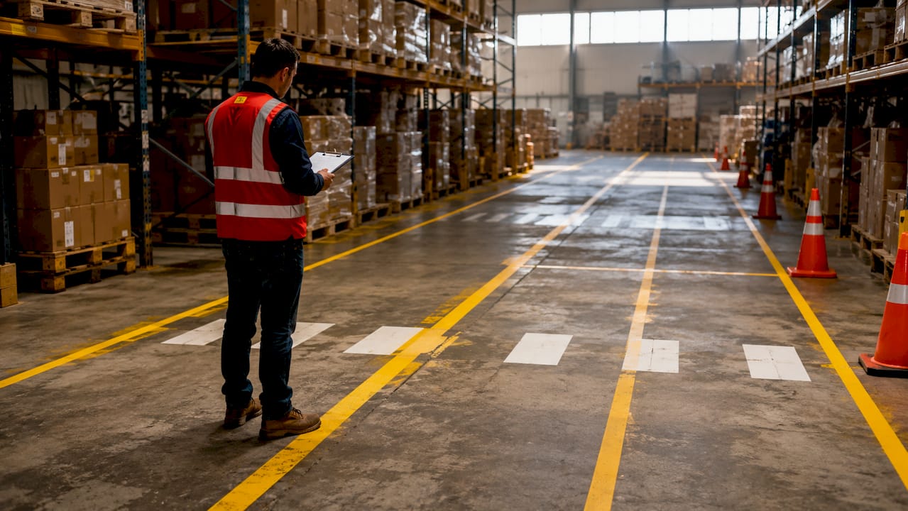 Warehouse manager inspecting forklift aisle markings