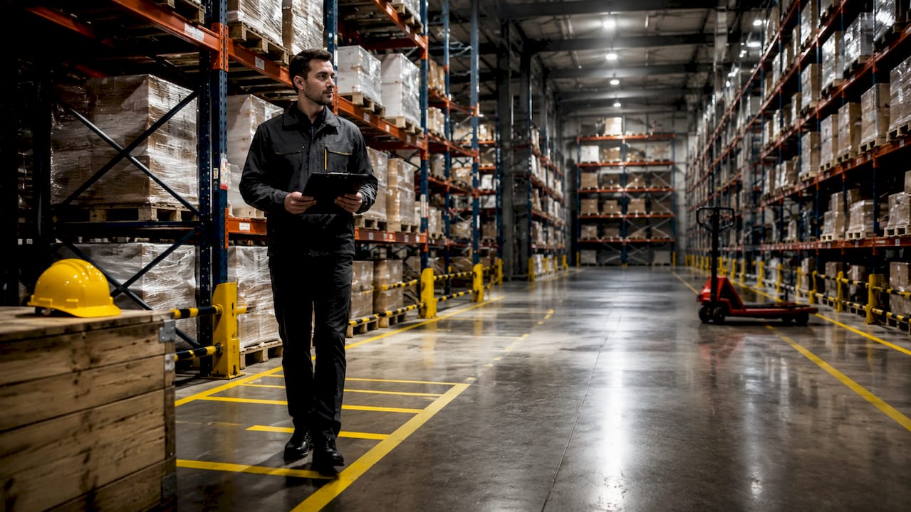Manager reviewing warehouse aisle layout