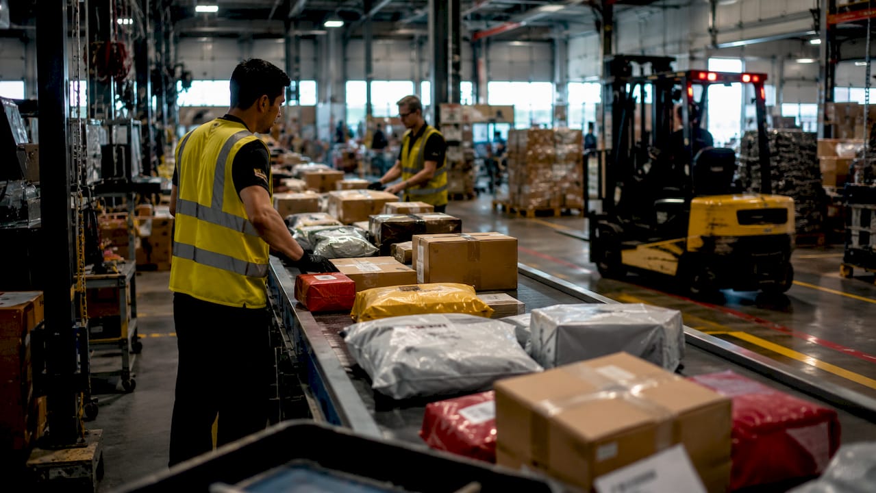 Wide shot of bustling last-mile distribution warehouse interior