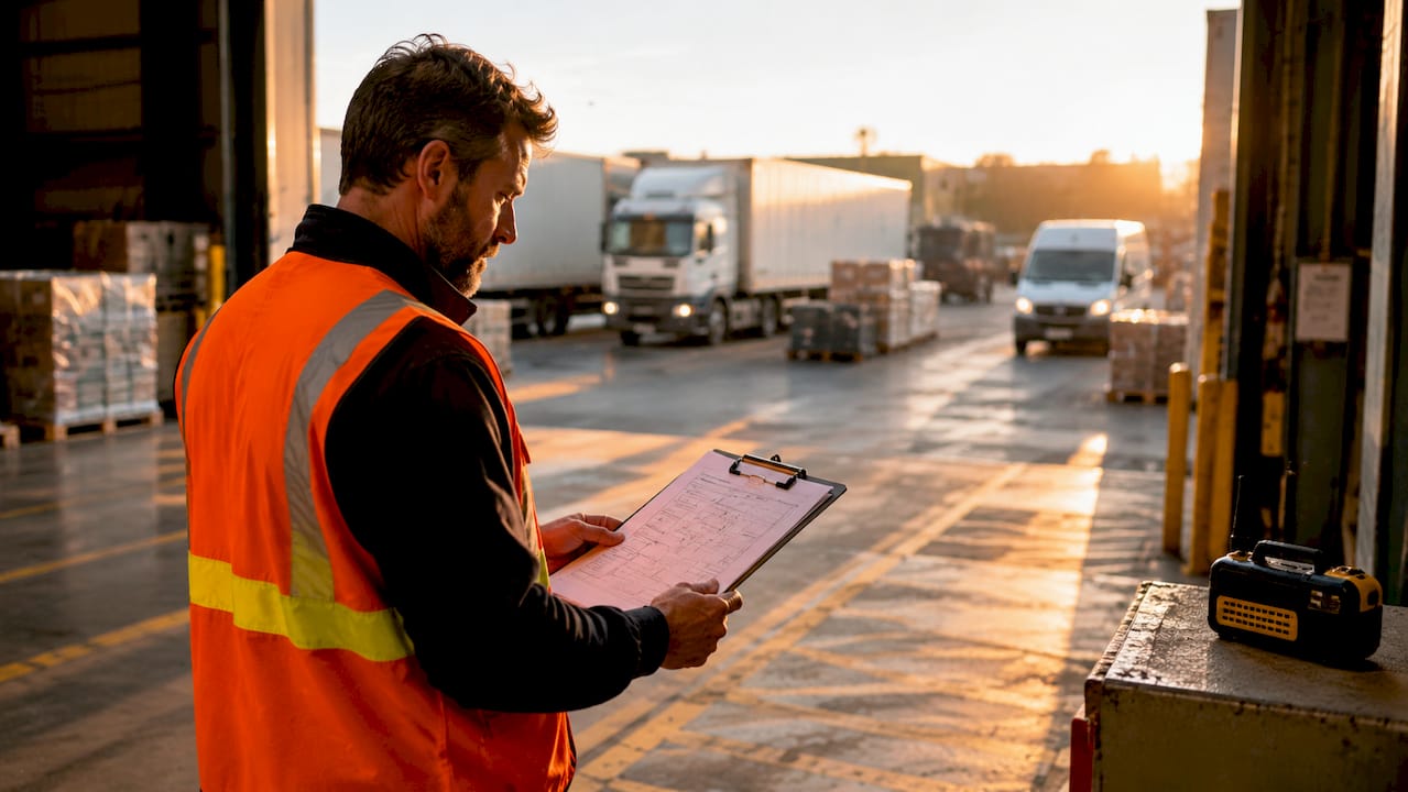 Engineer reviewing internal warehouse traffic flow