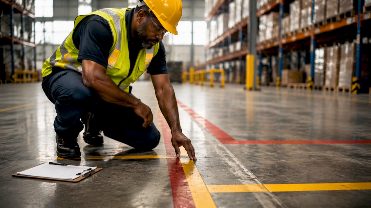 Worker inspecting warehouse floor markings