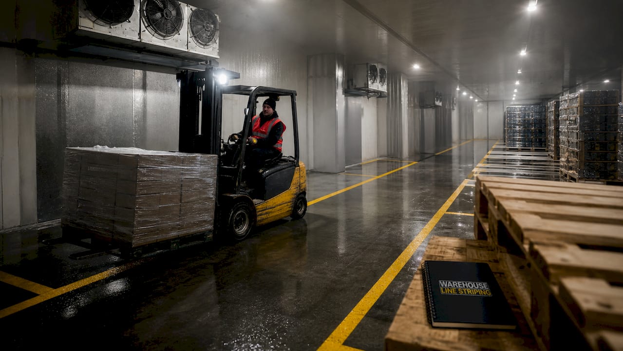 Forklift in cold storage navigating yellow floor markings