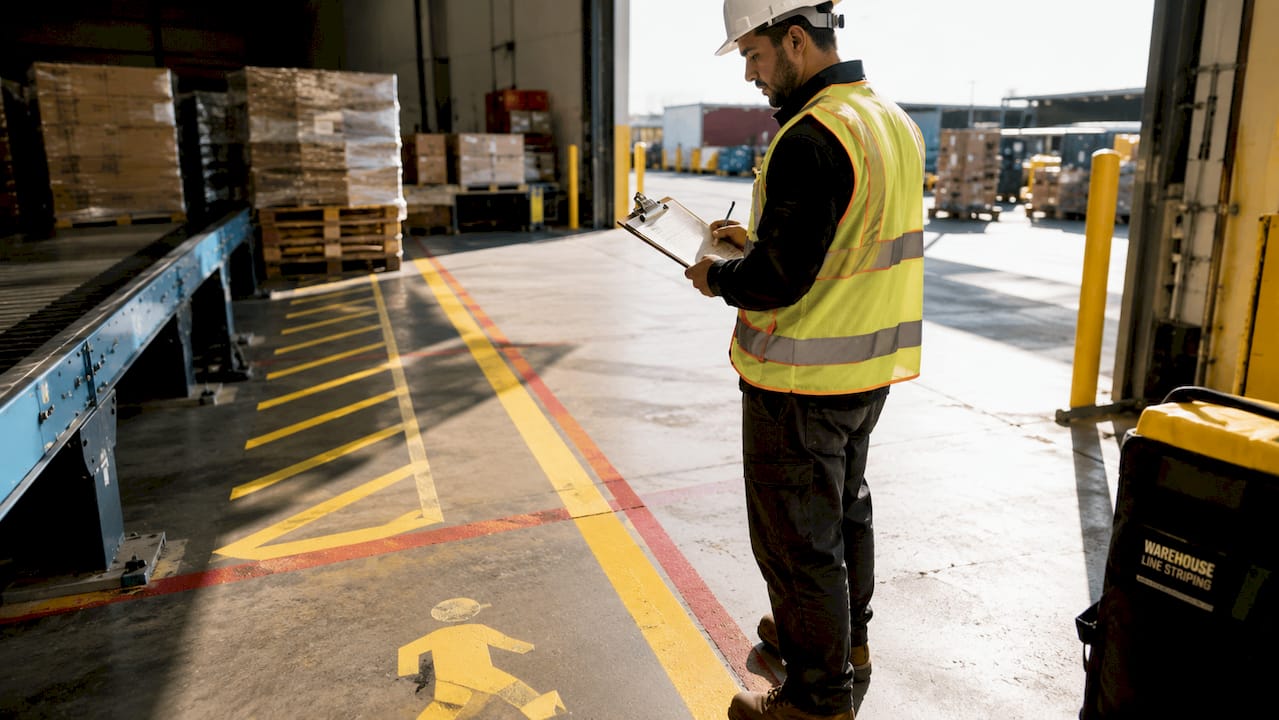 Warehouse worker inspecting floor safety markings