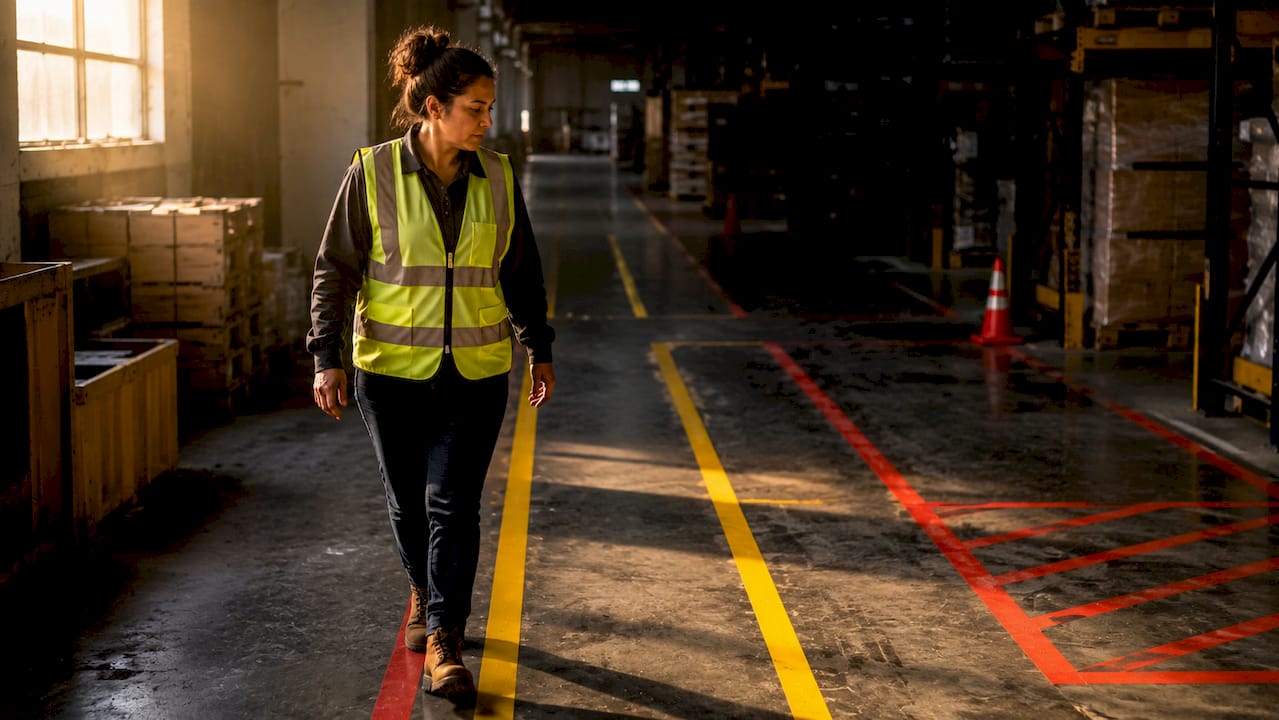 New employee following floor markings in warehouse