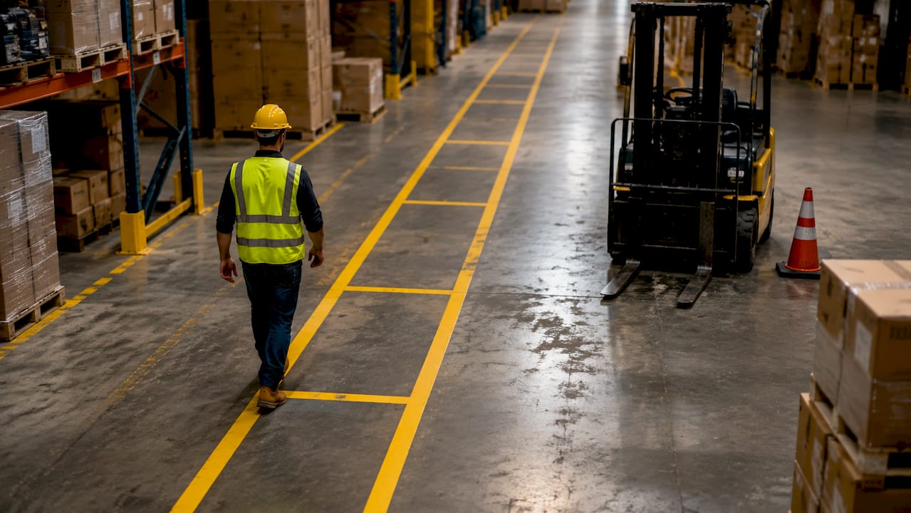 Warehouse aisle showing yellow floor markings separating lanes