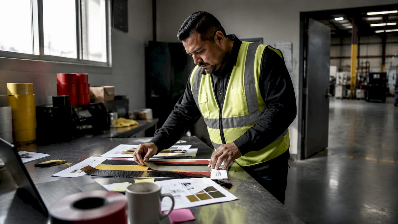 Supervisor reviewing floor marking samples