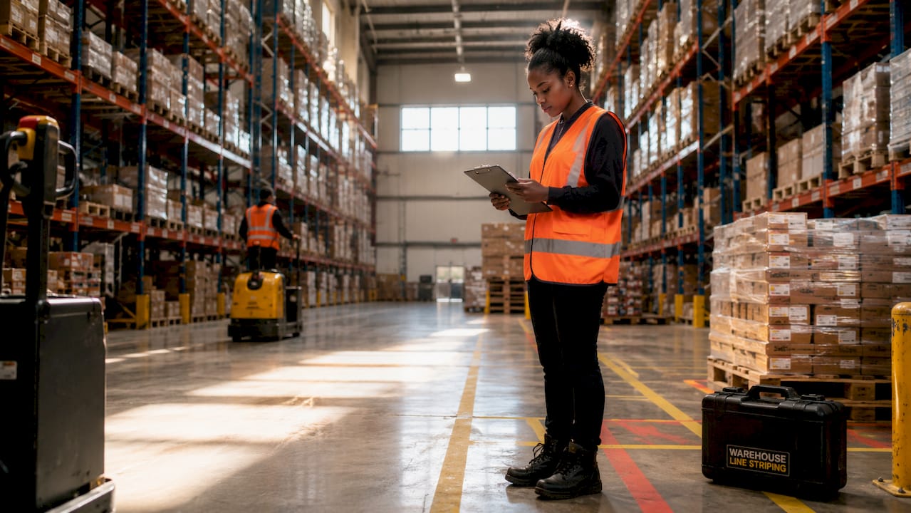 U-shaped warehouse floor with forklifts and racks