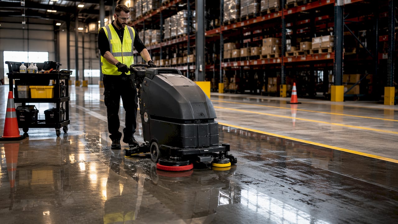 Maintenance worker cleaning warehouse floor with scrubber