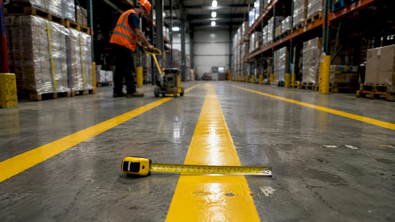 Forklift lane fresh yellow painted aisle measuring