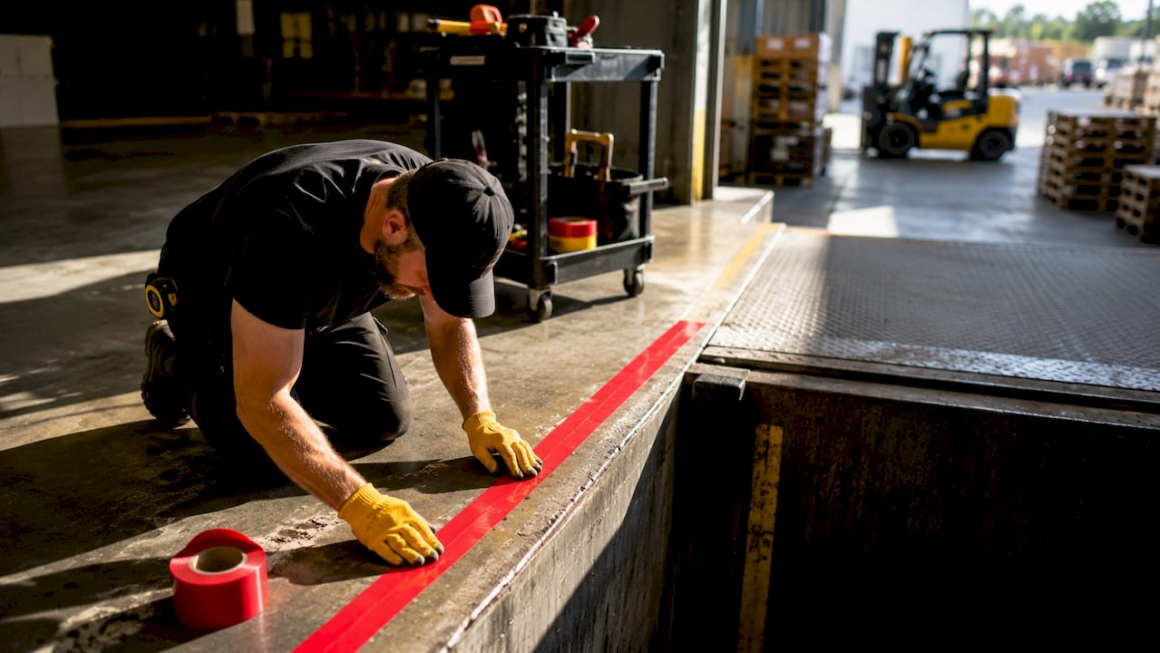 Worker applying dock edge floor tape