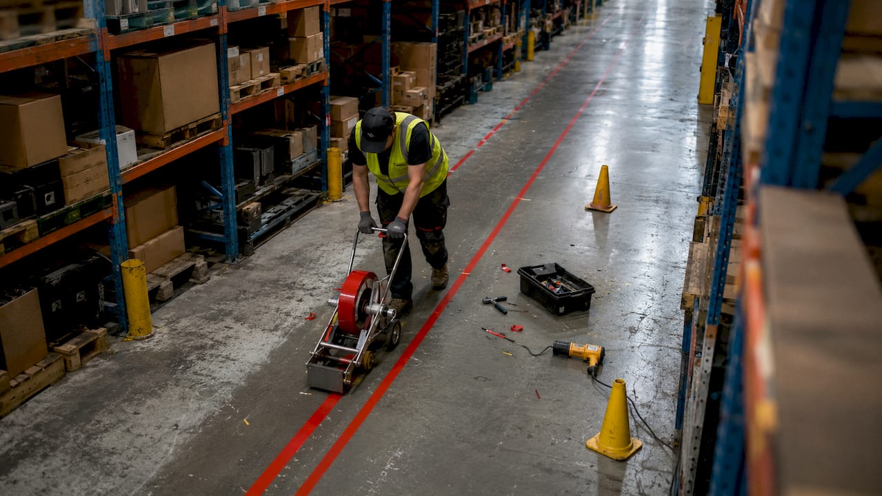Technician applying floor marking tape in warehouse