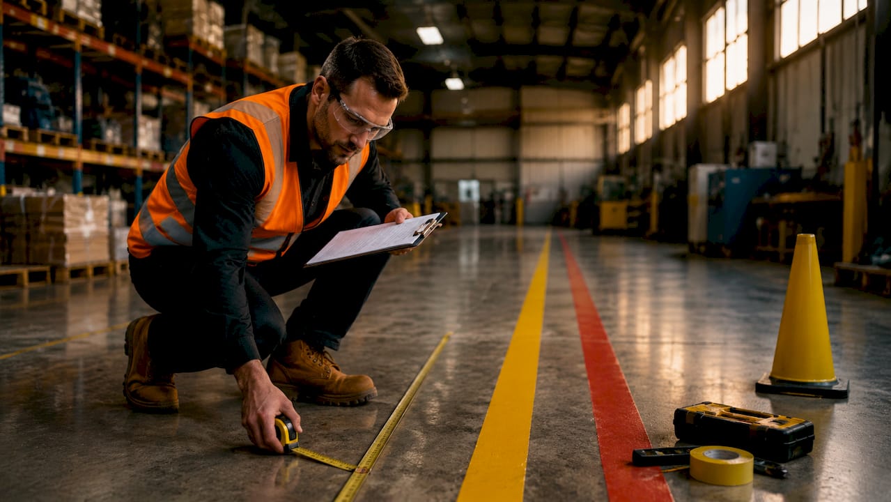 Safety manager inspecting warehouse floor markings