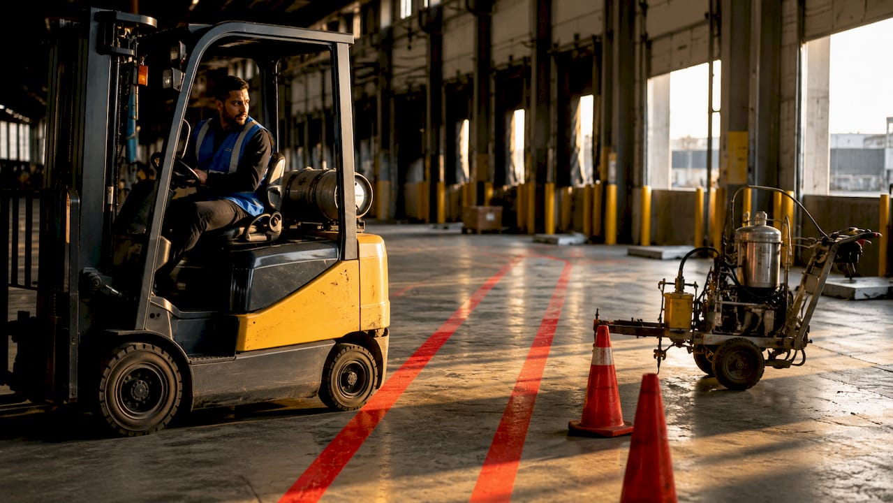 Forklift navigating marked cross-docking lanes in warehouse