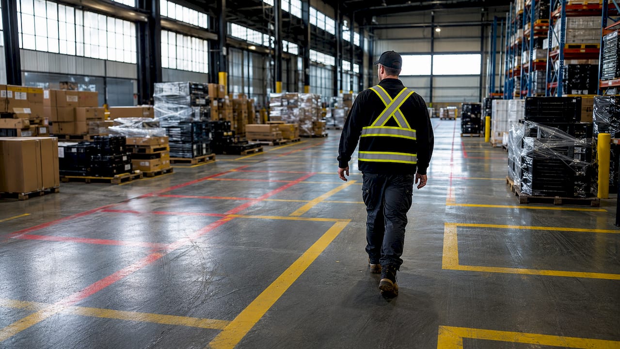 Color-coded floor marking zones in warehouse