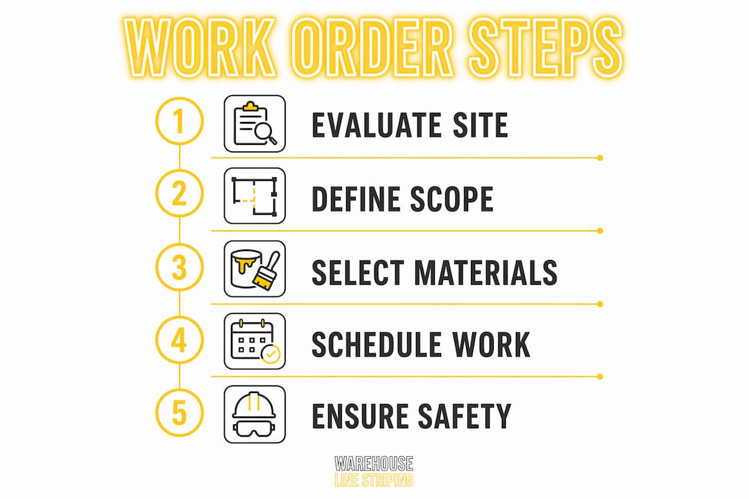 Infographic illustrating steps in floor striping work order process
