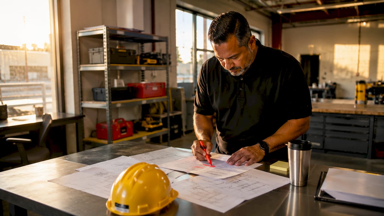 Facility manager reviewing floor striping documents at desk