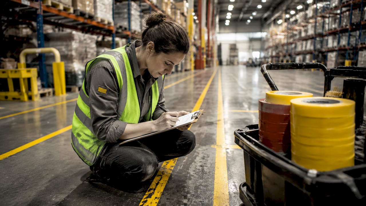 Contractor reviewing marking plan inside warehouse