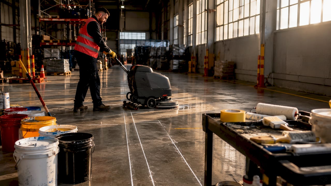Worker prepping floor for striping in warehouse