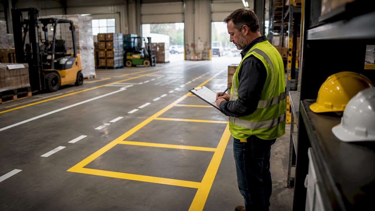 Safety manager inspecting warehouse floor markings