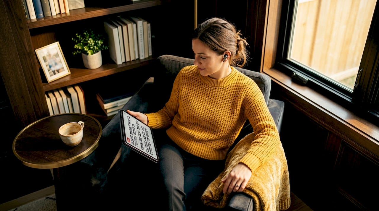 Woman on sofa listening to news briefing on tablet