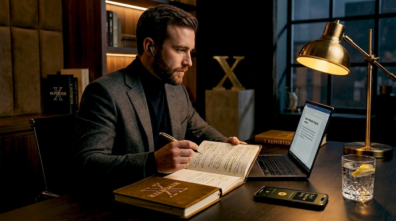Professional listening to news podcast while working at desk
