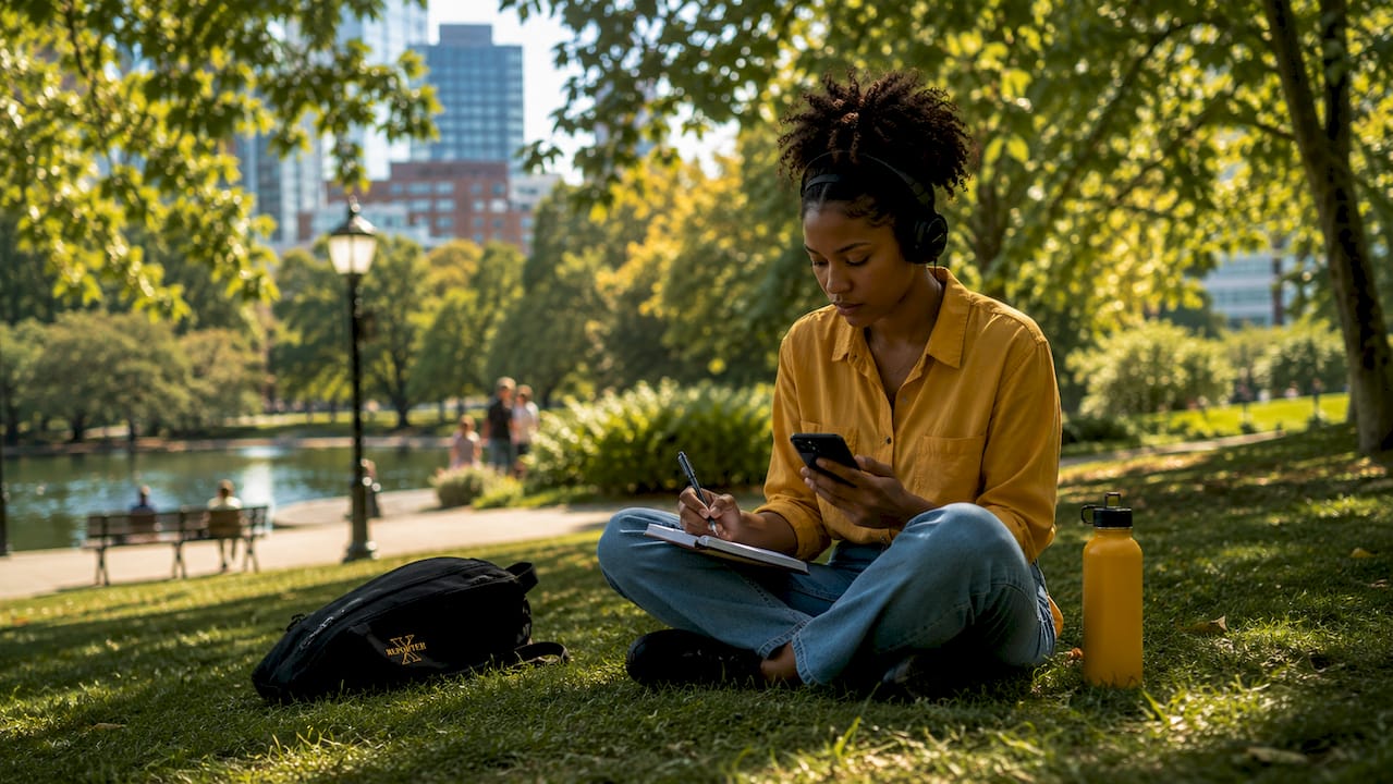 Woman listening to audio news summary in café