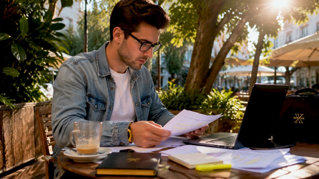 Reporter studying notes in café, side profile