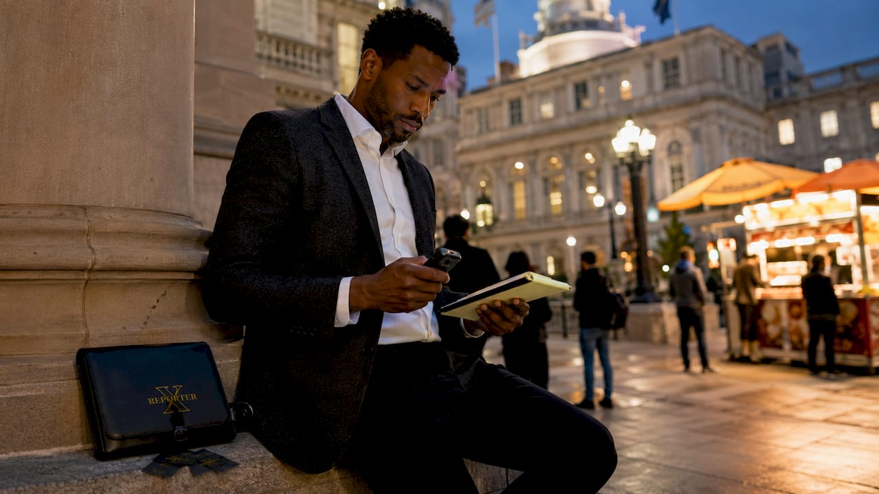 Journalist reporting outside city hall
