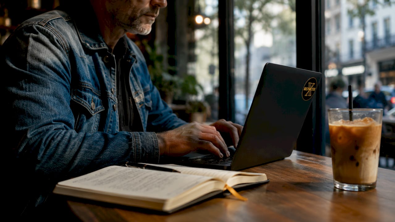 Hands typing draft notes with notebook and coffee cup overhead view