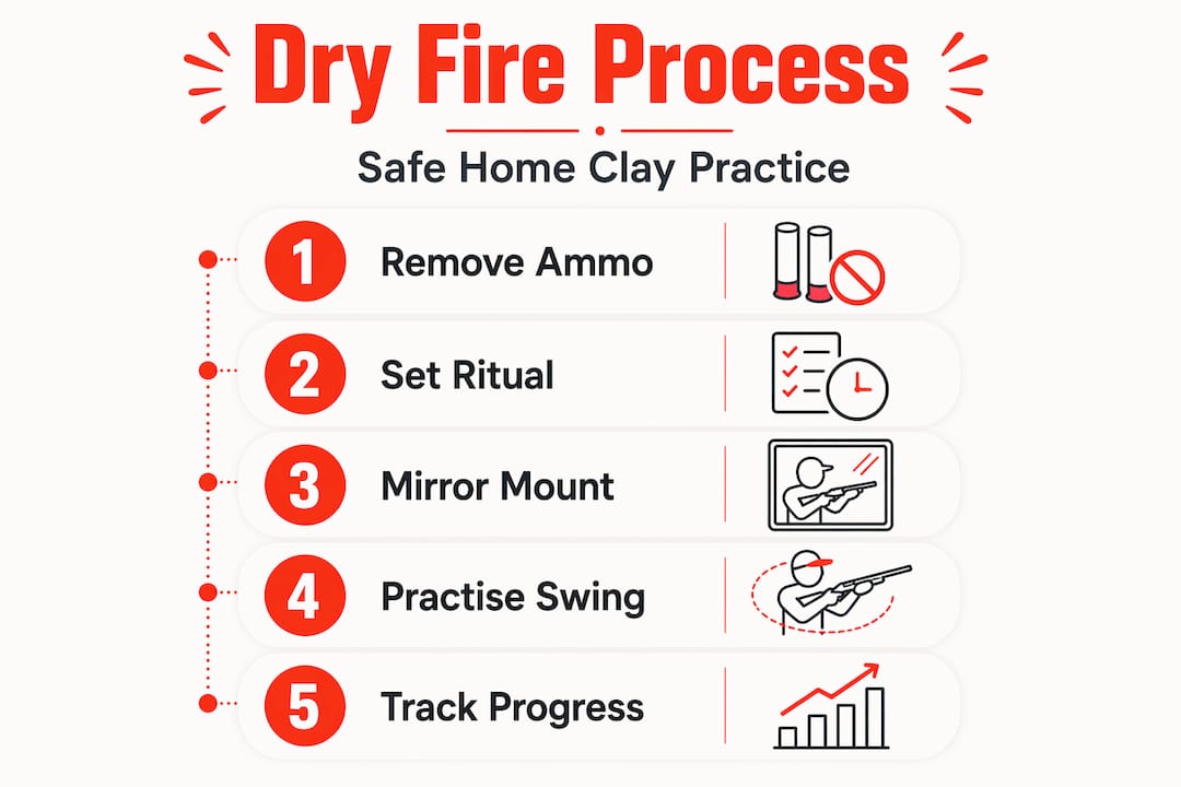 Infographic showing five steps for safe clay shooting practice at home