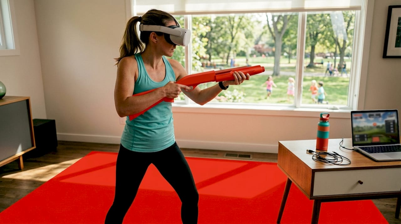 Woman uses VR clay shooting simulator at home