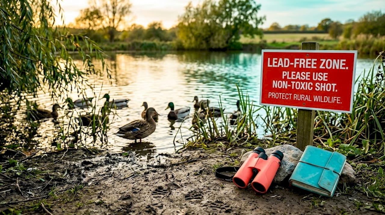 Ducks at pond with lead-free zone sign and shells