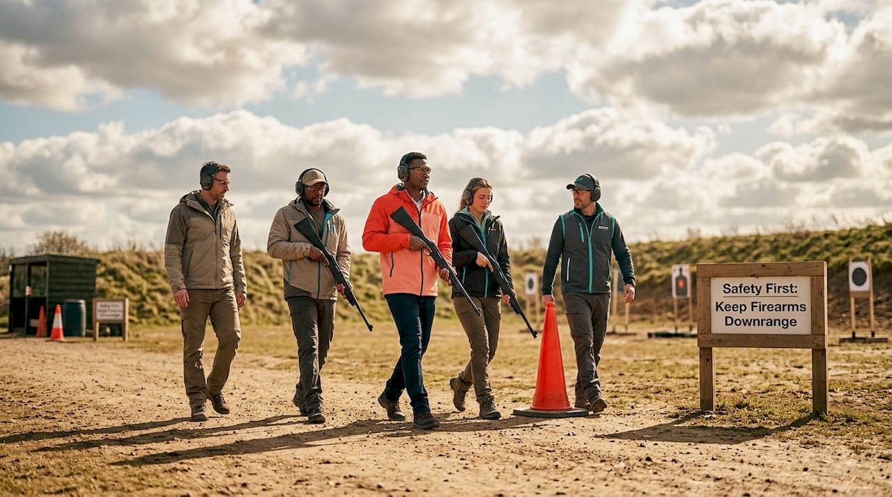 Group practices movement shooting safely outdoors