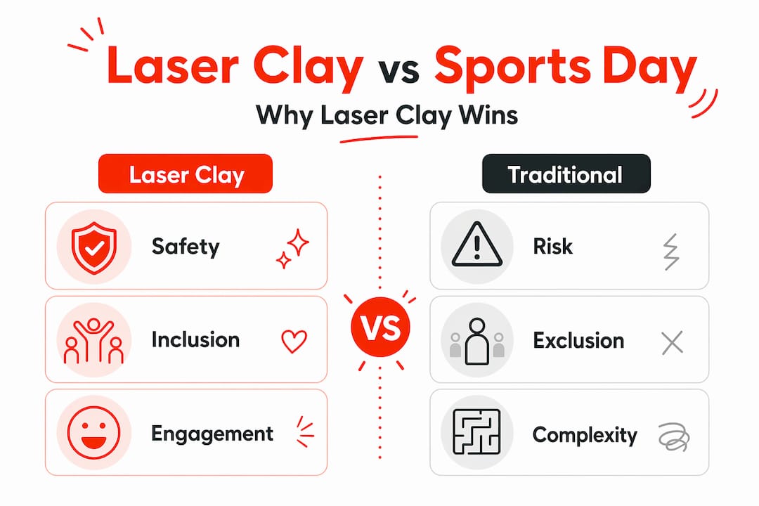 Infographic comparing laser clay and traditional sports day