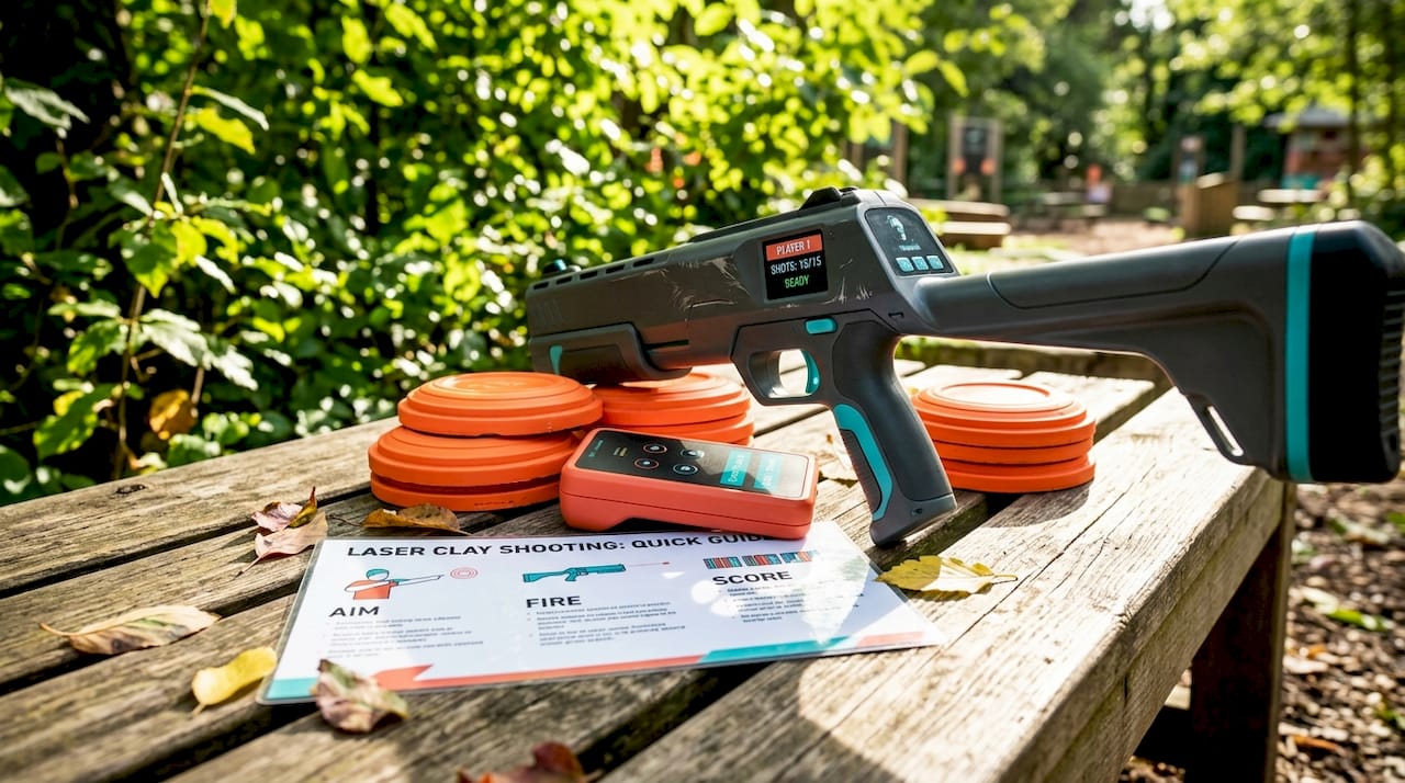 Close-up of laser clay shooting equipment on picnic table