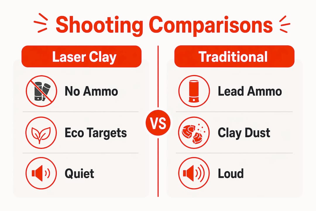 Infographic comparing laser and traditional clay shooting benefits