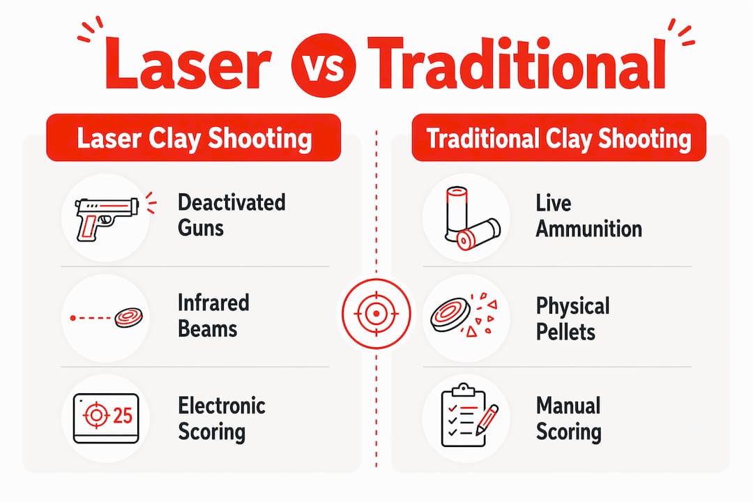 Infographic comparing laser and traditional clay shooting