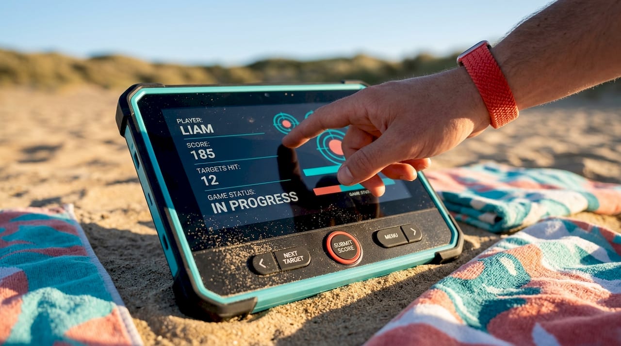Hand using electronic scoring console outdoors