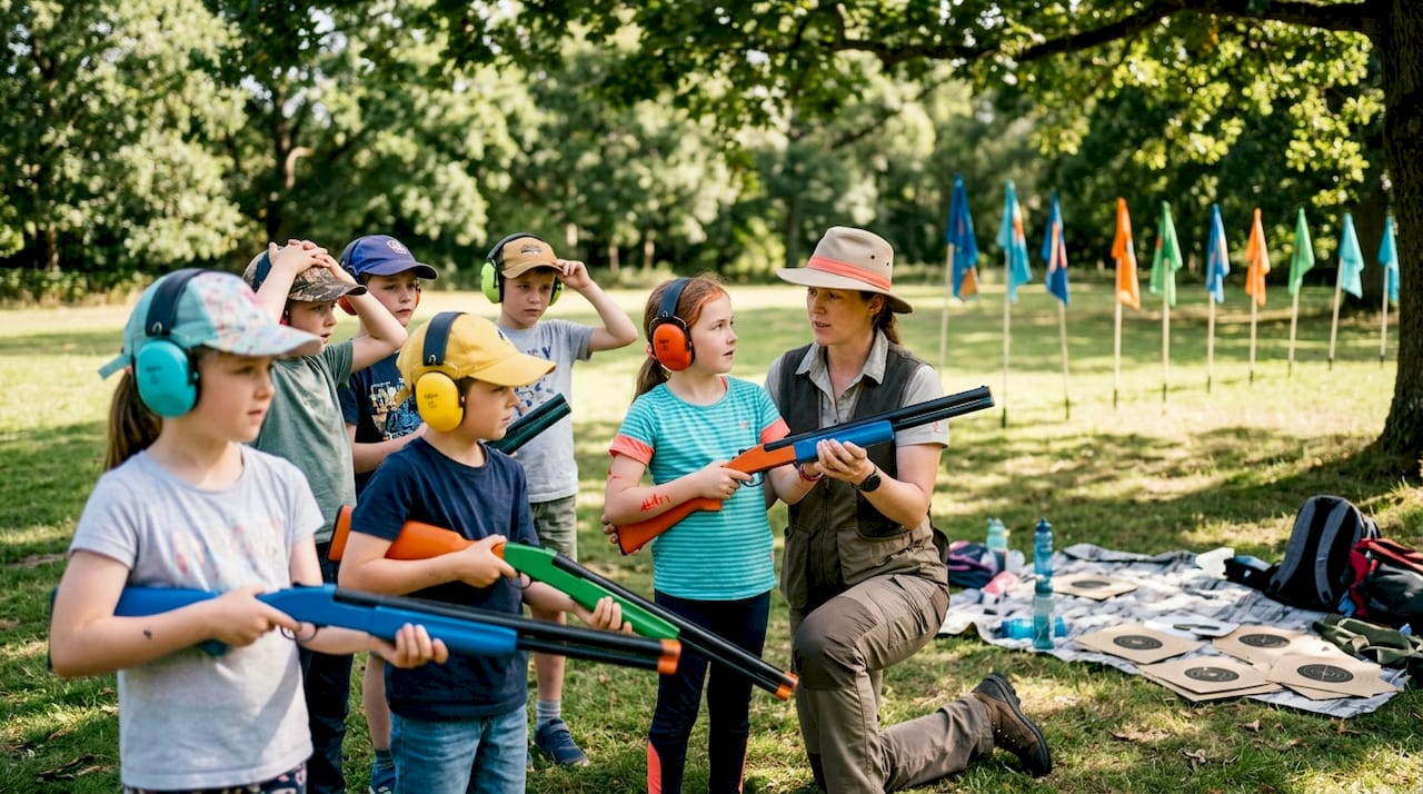 Children practicing safe shooting stance outdoors