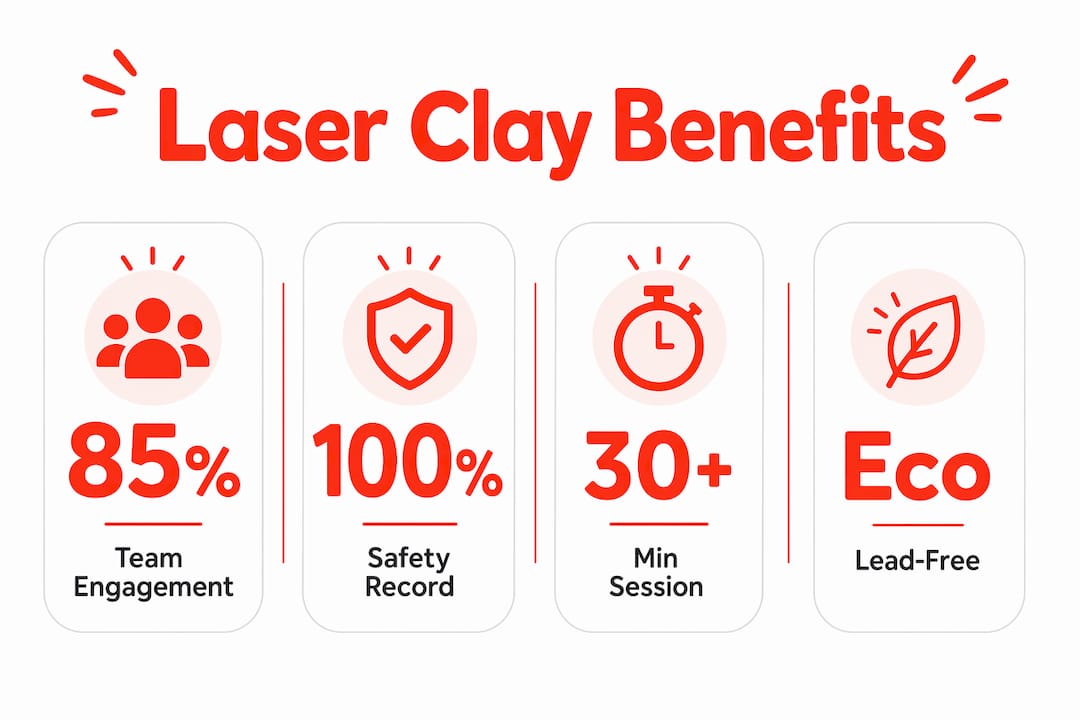 Infographic showing laser clay team building benefits with stats