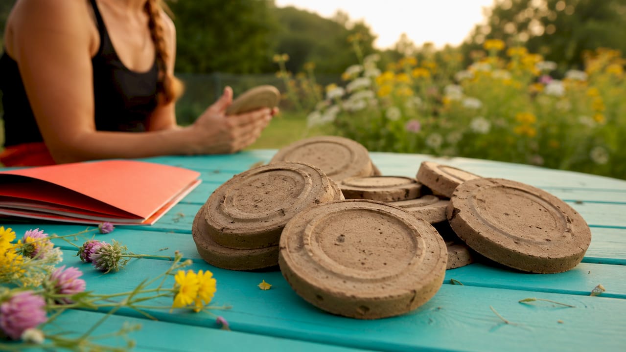 Close-up of biodegradable clay targets on wooden table outdoors