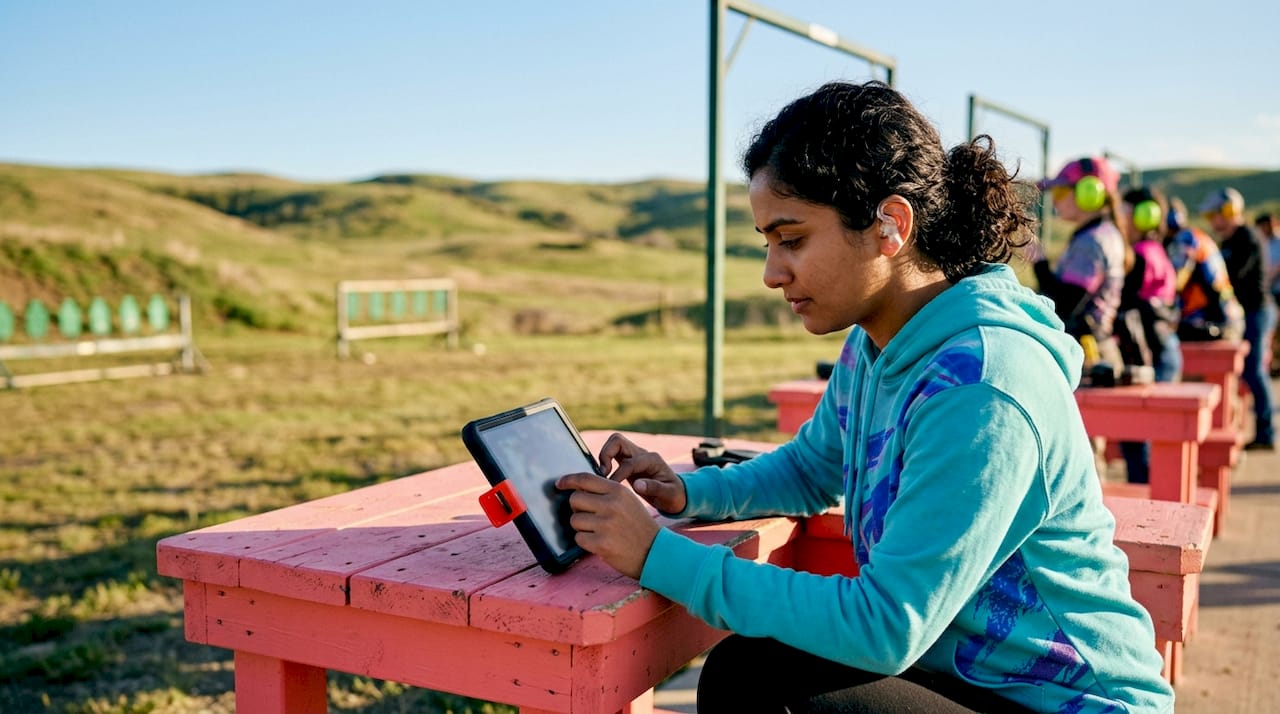 Young woman using digital controls at shooting range