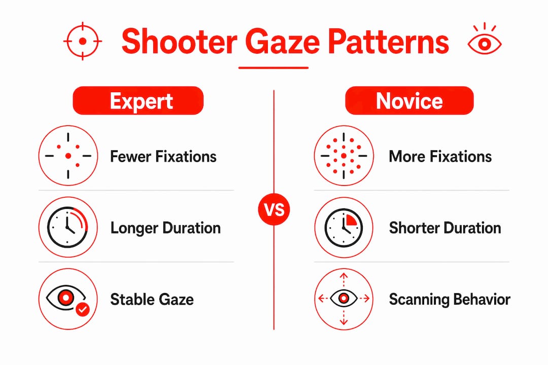 Infographic contrasting expert and novice shooter gaze patterns