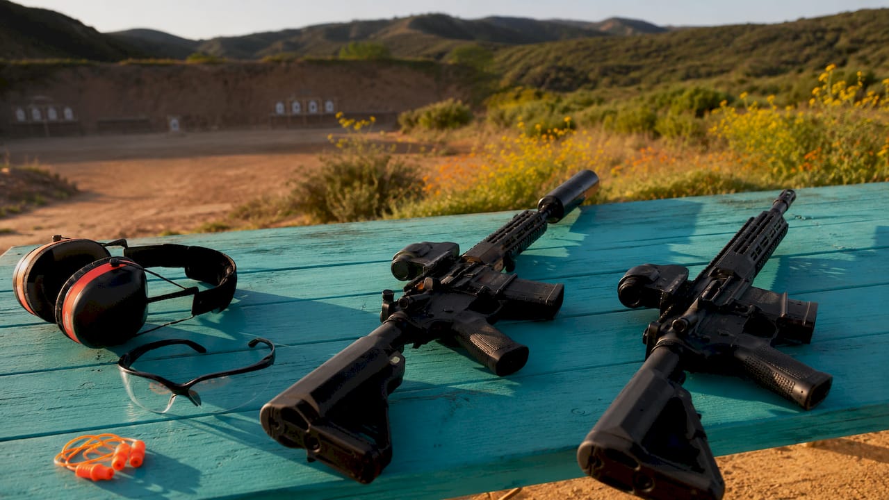 Two rifles with and without suppressor on bench with hearing gear