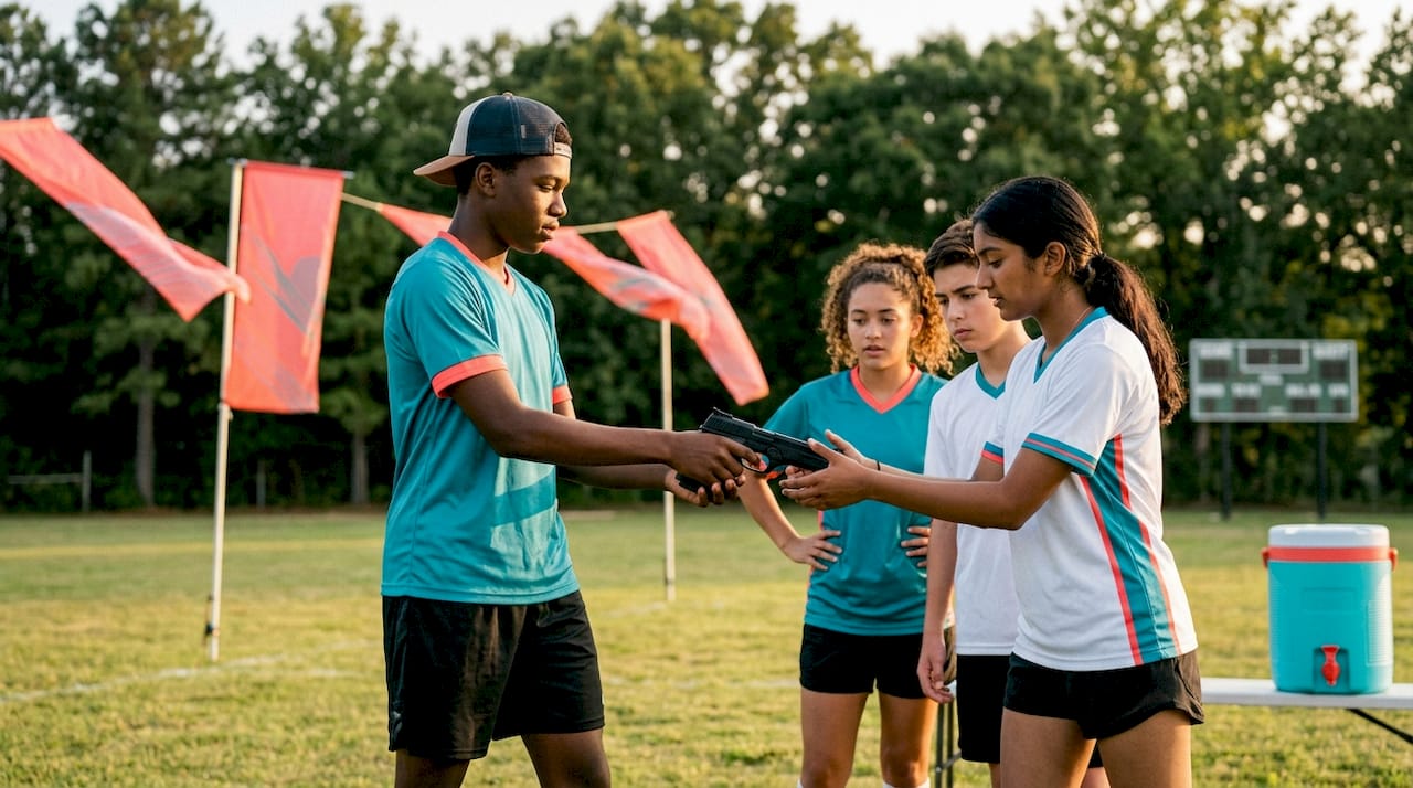 Teens rotating roles in team shooting game