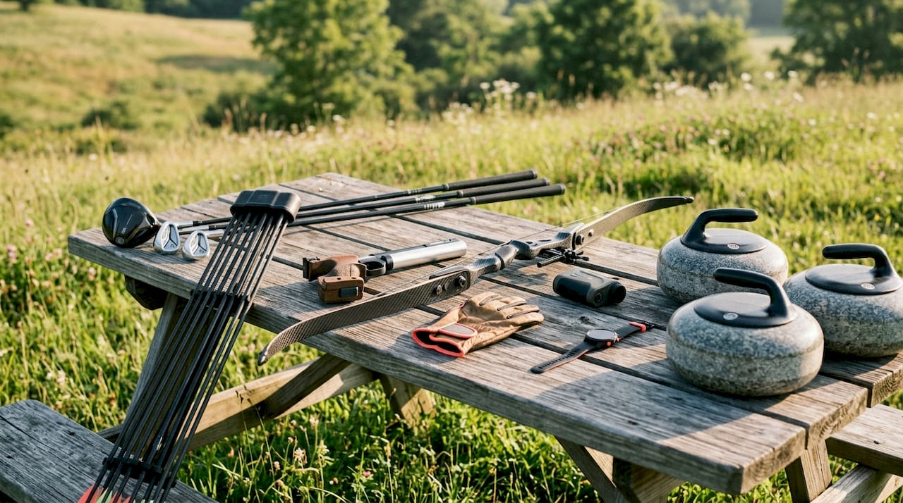 Overhead view of modern precision sports equipment on outdoor table