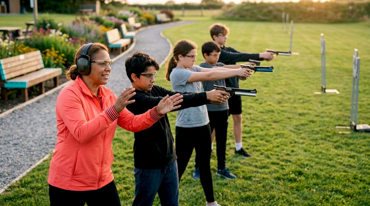 Coach guiding students in outdoor shooting sports range