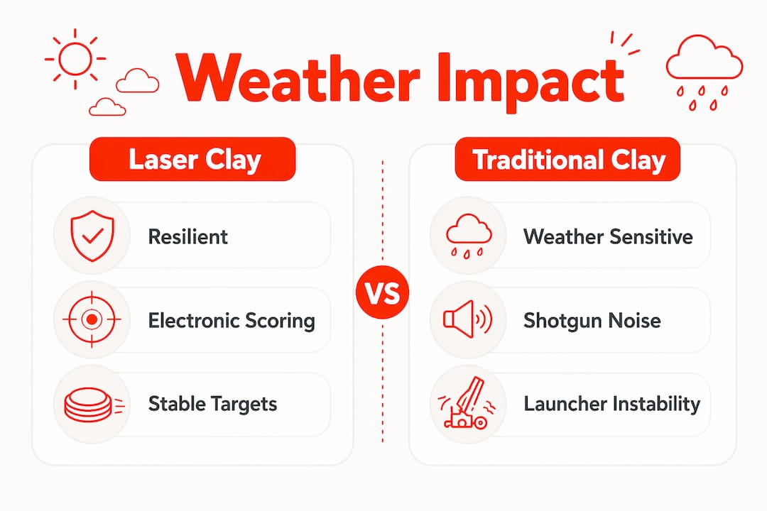Infographic comparing weather impacts on laser clay and traditional clay shooting