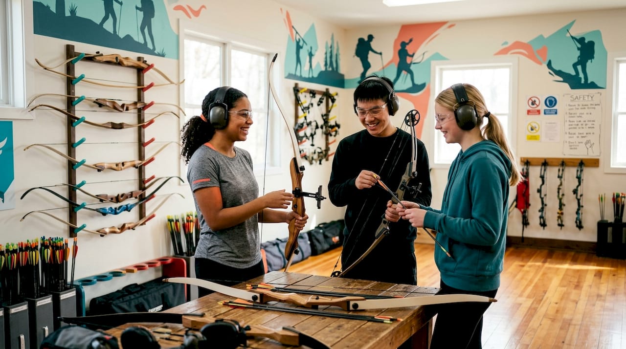 Students inspecting firearms and archery gear