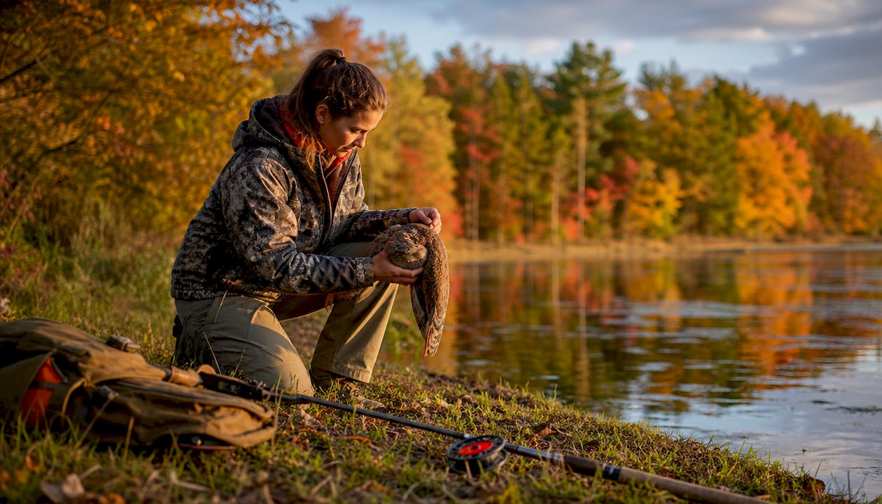 Young hunter kneeling respectfully outdoors with game